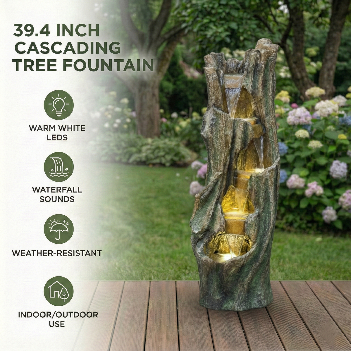 Waterfall Fountain for Outdoor Gardens with LED Lighting - Grey