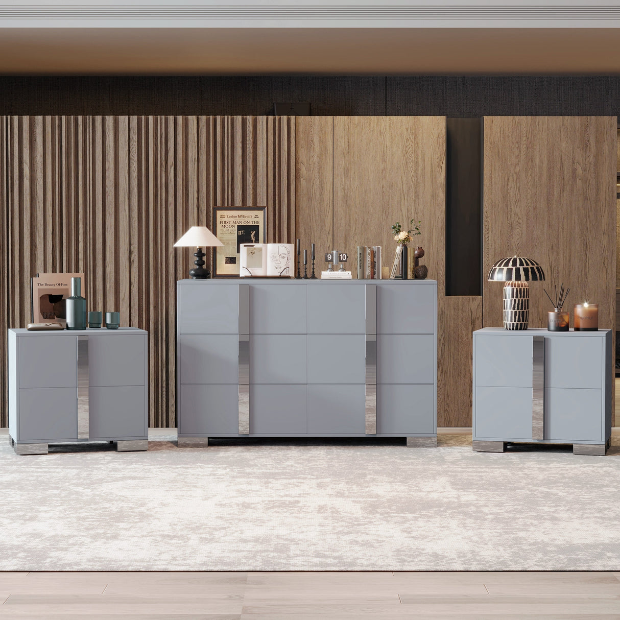 3-Pieces Sets, Elegant 6 Drawers Dresser and Two Nightstands