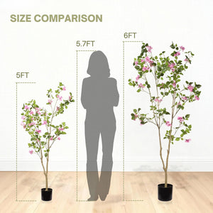 Artificial Bougainvillea Tree With Pot, Realistic Faux Flowering Plant Leaves And Blooms, Decor For Home Office - Green Leaves / Pink