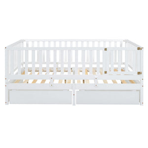 Daybed With Fence Guardrails And 2 Drawers, Split Into Independent Floor Bed & Daybed