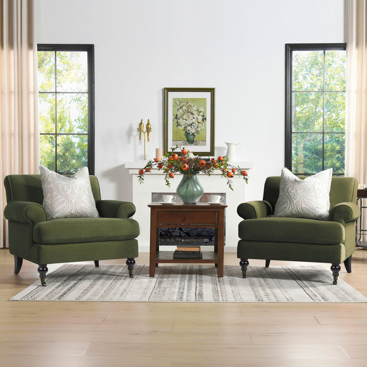 Alana-38'-Lawson-Accent-Arm-Chair-Metal-Casters,-Olive-Green-Performance-Velvet-Accent-Chairs