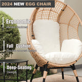 New Grid Style PE Wicker Weaving Patio Egg Chair with Natural Color Rattan Beige Cushion