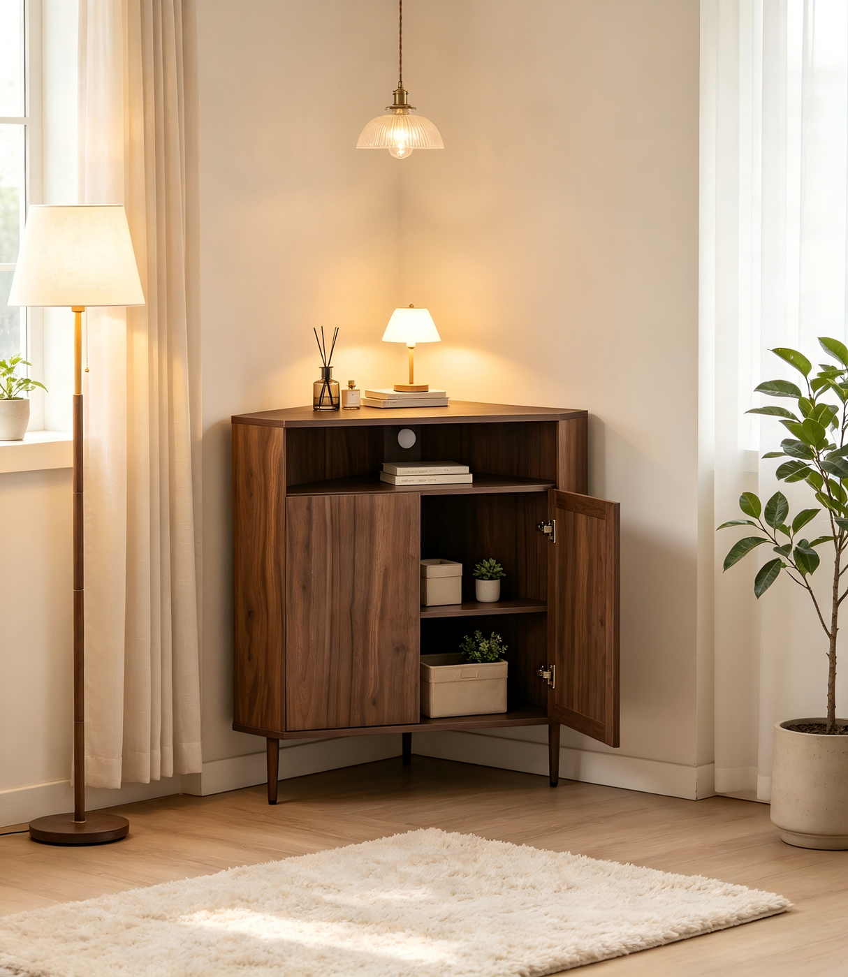 Modern Narrow Wooden Corner Storage Cabinet