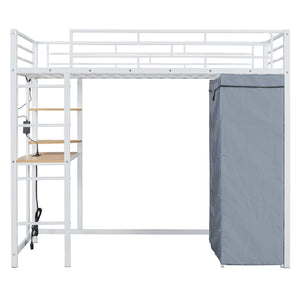 Loft Bed With Desk, Shelves, Power Outlet, LED Light And Wardrobe