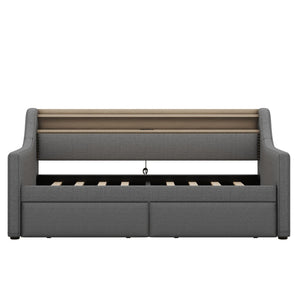 Twin Size Linen Upholstered Daybed with Storage Drawers and LED Lights