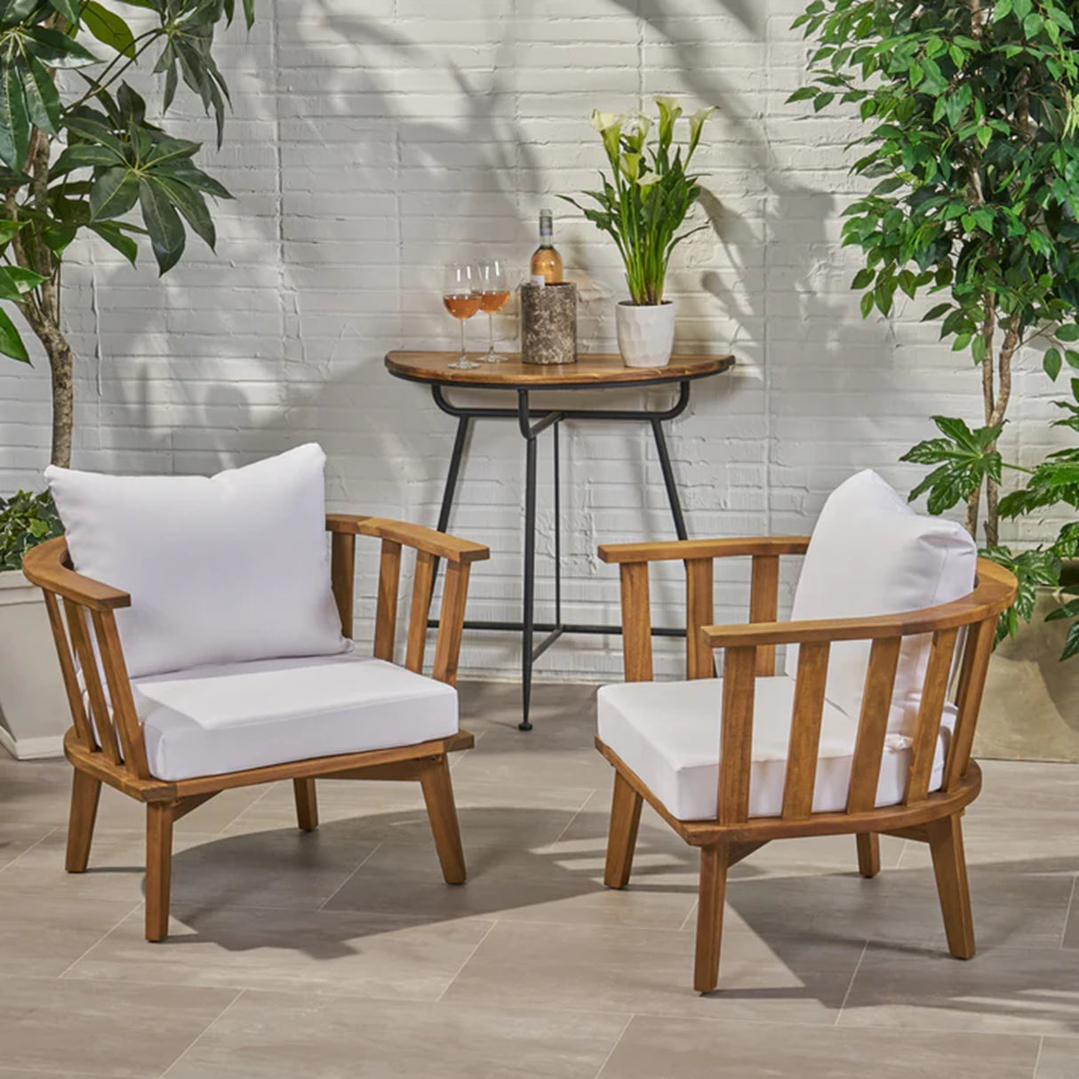 Set of 2 Outdoor Acacia Wood Patio Club Chairs