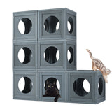 Grey Pine Wood Outdoor Cat House with Shelves and Weather Protection