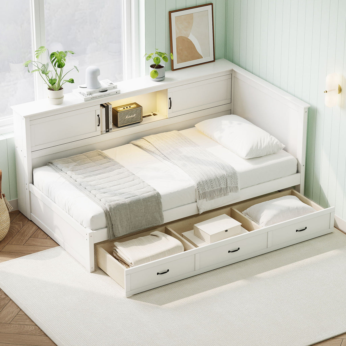 L Shaped Bed Frame With Drawer And And Bookcase With LED Downlight And USB Port