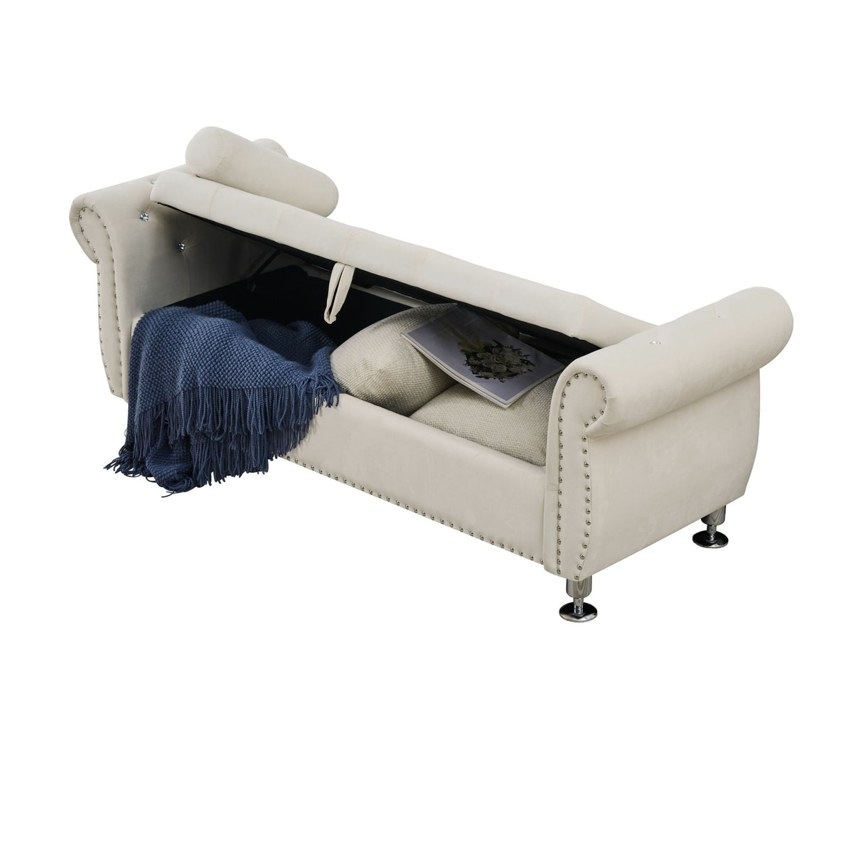Storage Bench With Crystal Buttons And 1 Pillow For Bedroom