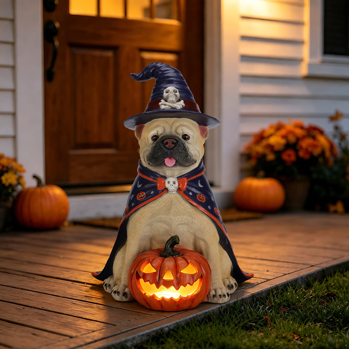 Halloween Bulldog Witch Statue, LED Light Up Jack-O-Lantern Pumpkin