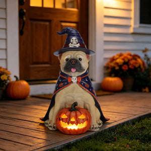 Halloween Bulldog Witch Statue, LED Light Up Jack-O-Lantern Pumpkin