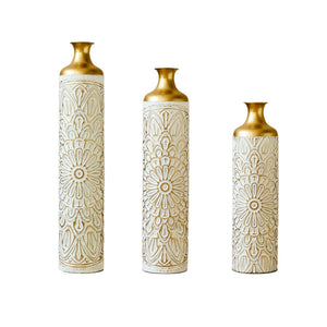 Large Glazed Floor Vases with Elegant Hammered Detail - Gold / White