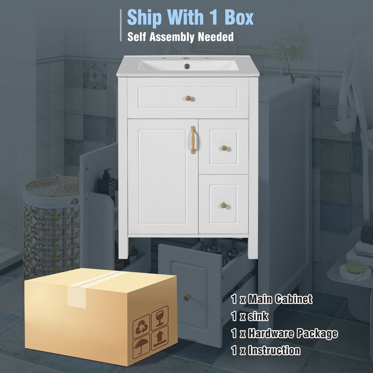 Elegant Bathroom Vanity With Ceramic Sink, Soft Close Doors And Drawers, Double Storage Racks