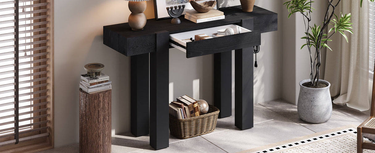 TREXM Rustic Minimalist Console Table with Hidden Drawer, Side Power Outlet