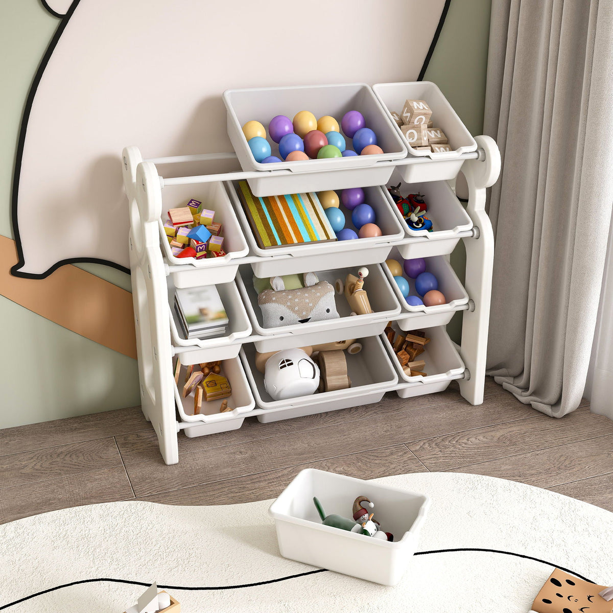 Multi Functional Kids Toy Storage Organizer Cabinet With Hdpe Shelf And 12 Bins - Gray White