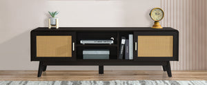 63'' Dark Rattan TV Stand with 2 Storage Cabinets and Solid Wood Legs