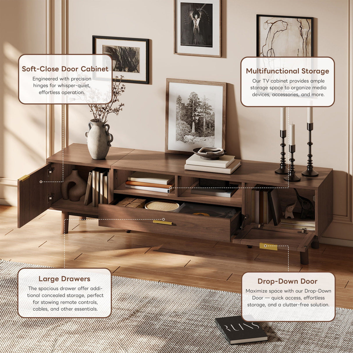 TV Stand For 75" TVs With Soft Closing Doors, Console With Accents And Drop Down Cabinet - Dark Brown