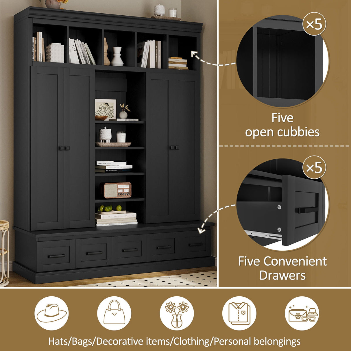 Hall Tree With Bench And 5 Storage Cubbies