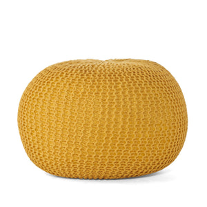 Knitted Cotton Round Pouf Ottoman with Soft Textured Cover - Dark Gray, Yellow, Blue