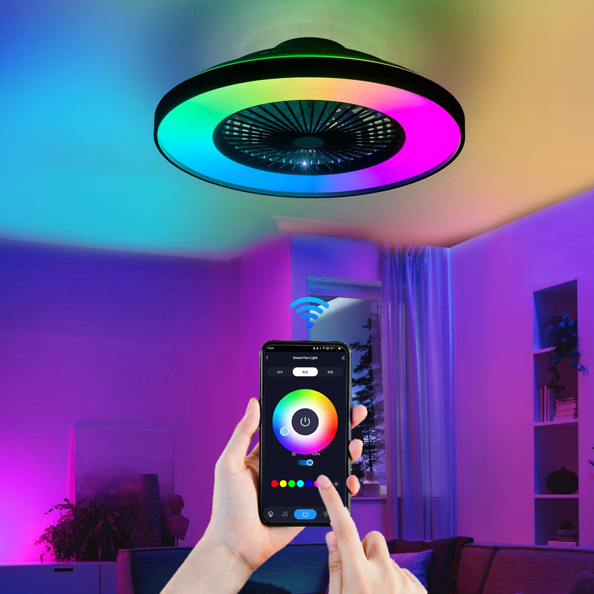 23-Inch Black Ceiling Fan Light with LED RGB - Modern Living Room Lighting