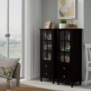 Black Tall Storage Cabinet with Glass Door & 2 Drawers