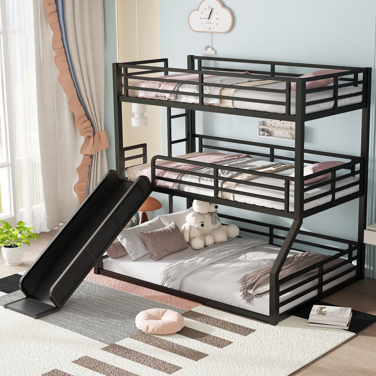 Twin Over Twin Over Full Bunk Bed with Slide