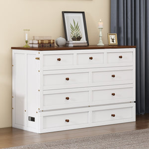 Solid Pine Murphy Bed Chest with Charging Station and Large Storage Drawer - Queen