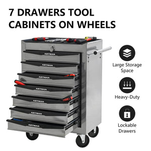 Rolling Metal Tool Chest with 7 Drawers, 20" Cabinet Silver