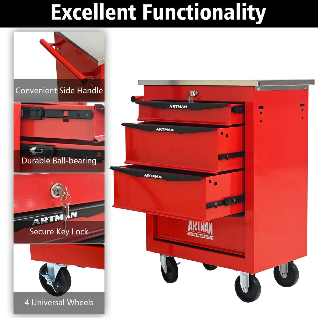 4 Drawers Multifunctional Tool Cart with Wheels, Red & Black