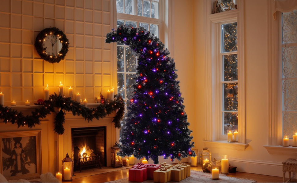 6Ft Curved Hat-Look Black Holiday Tree with Orange & Purple Lights