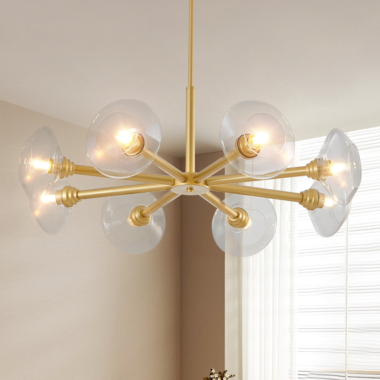 36' Modern Gold 8-Light Sputnik Chandelier with Clear Glass Shades, Mid-Century Hanging Pendant Light Fixture for Dining Room, Living Room, or Kitchen (Bulb Not Included)