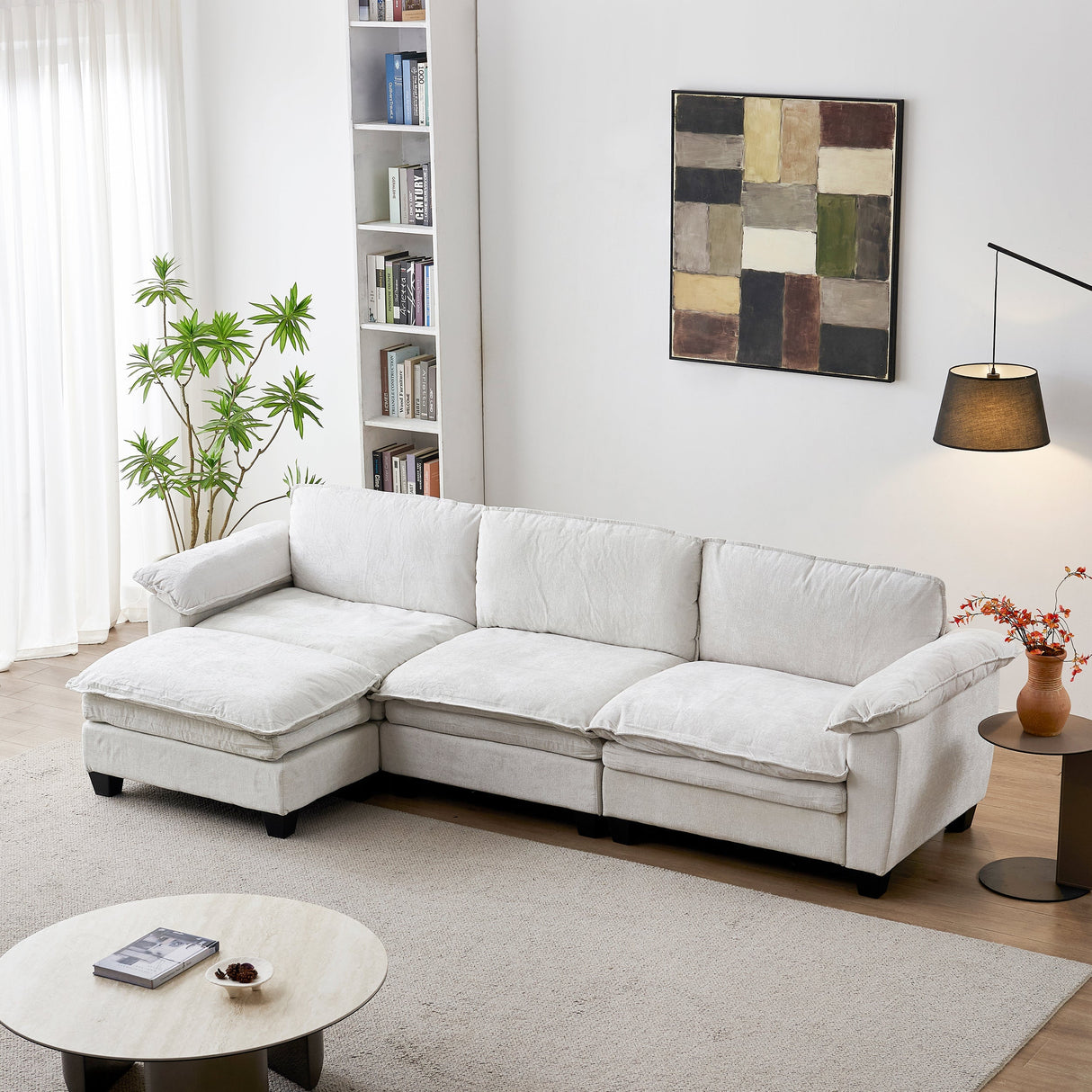 Living Room Furniture Sofa Luxury Couch with Ottoman Soft Chenille Upholstered L Shape Sofa Beige