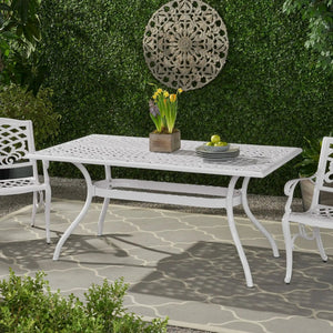 Celestine Outdoor Cast Aluminum Dining Table With Floral Lattice Design And Umbrella Holder