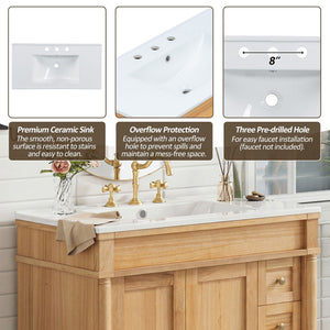 Modern Bathroom Vanity With Ceramic Sink, Soft Close Doors, Adjustable Shelves