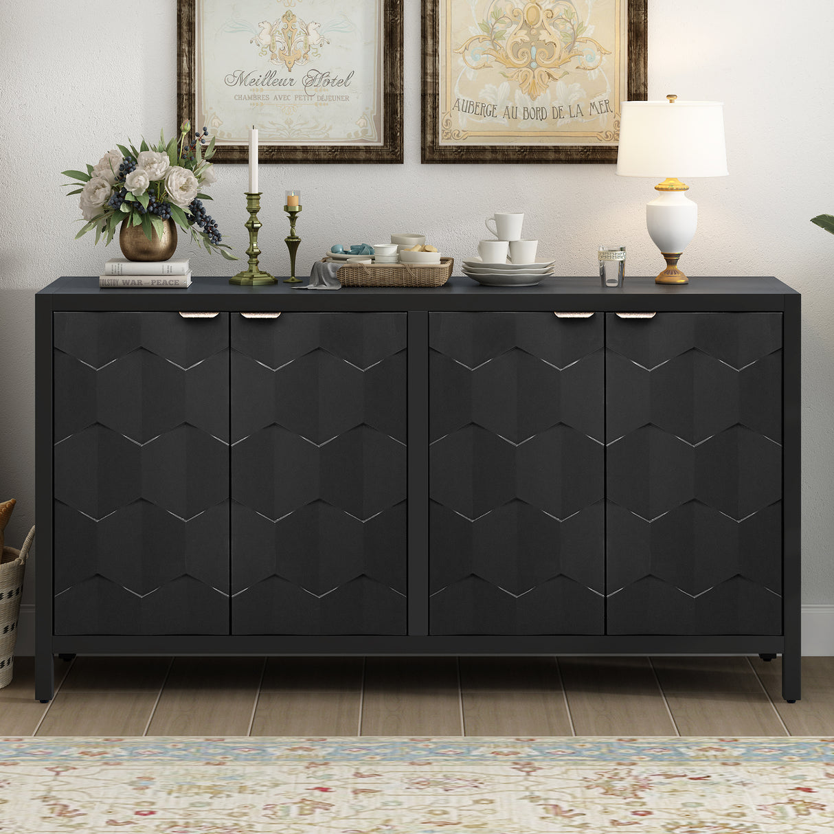 Luxurious Four-Door Sideboard with Honeycomb Patterned Doors