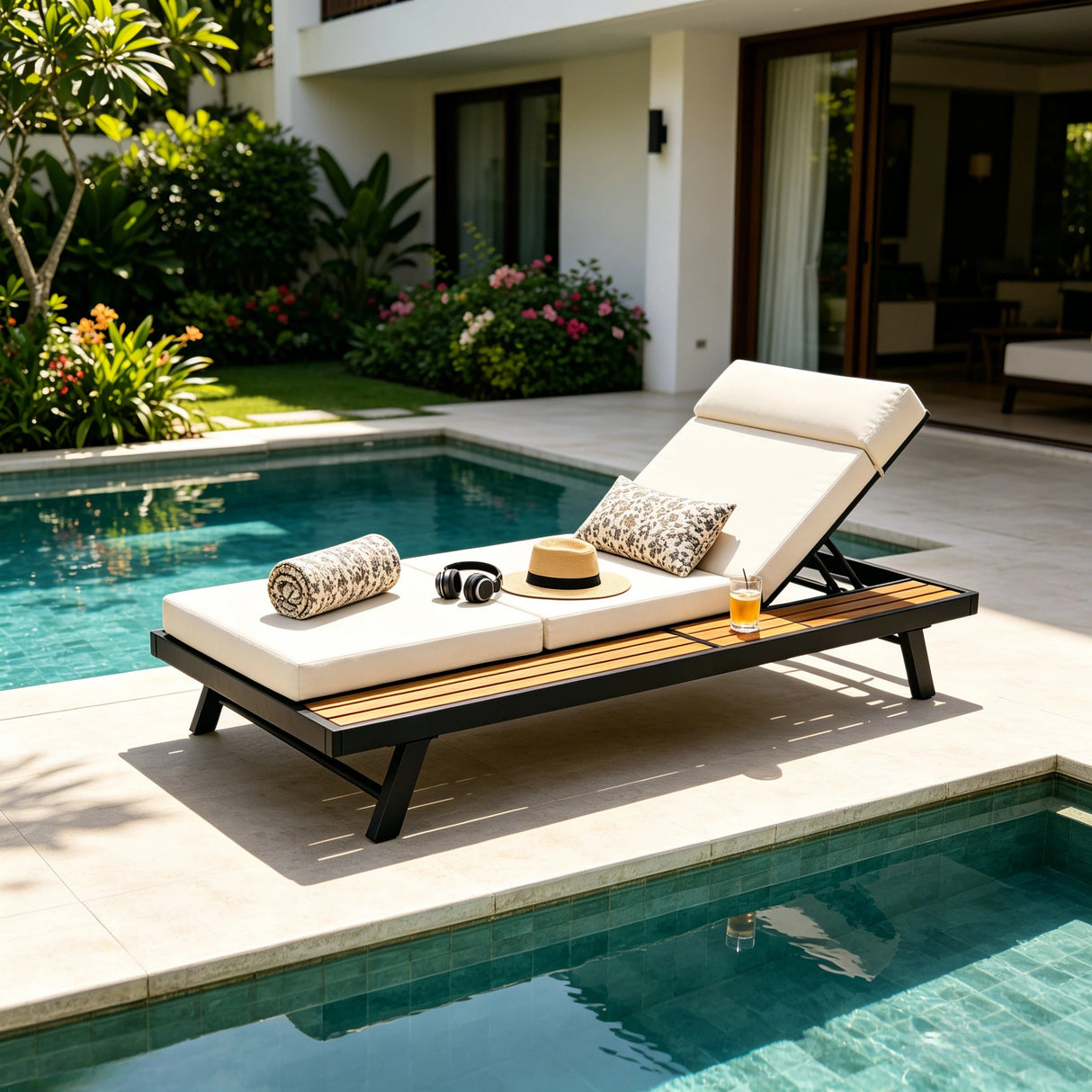 Black Iron and Teak Finish Outdoor Chaise Lounge Set