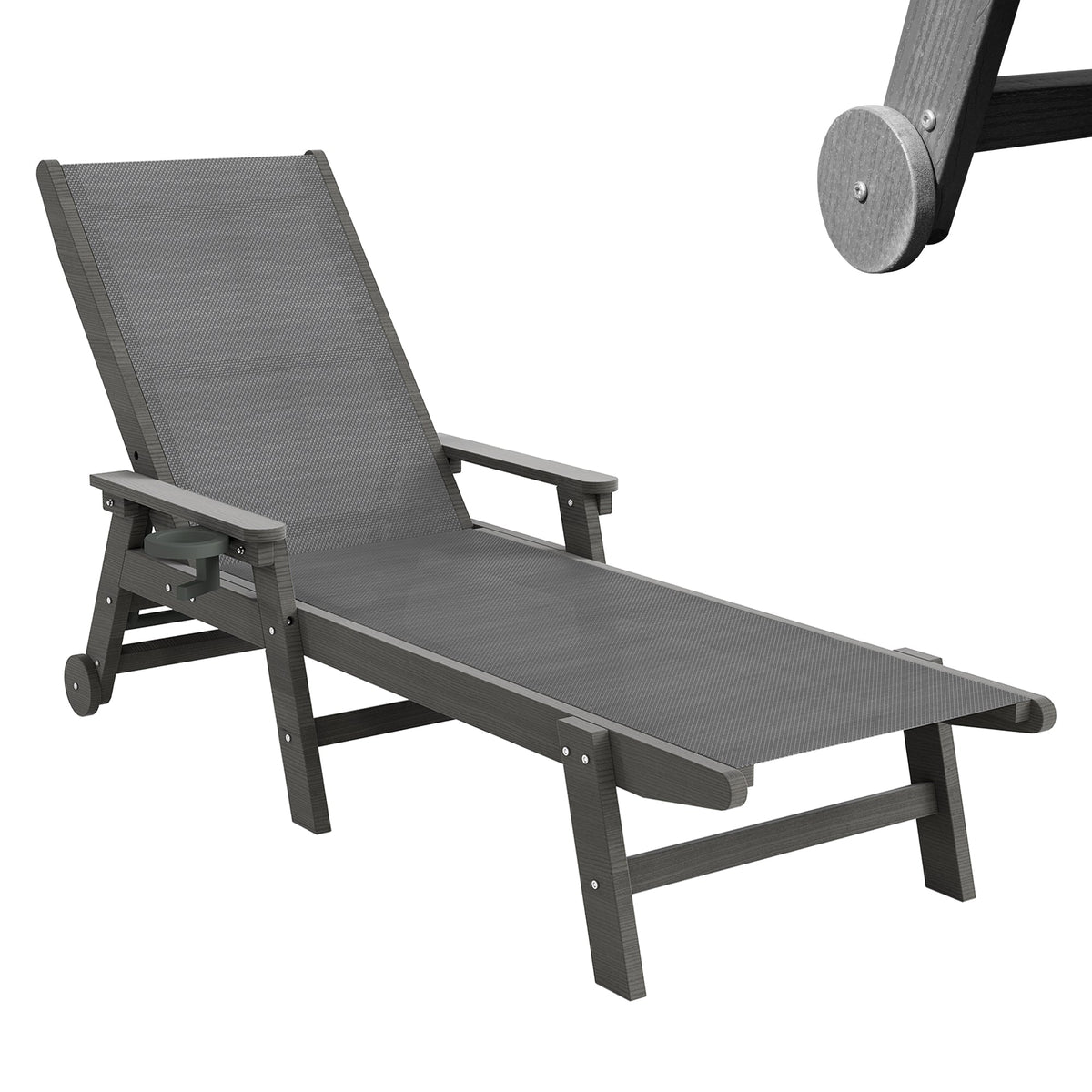 Lounge Chair Outdoor, HDPE Chaise Lounge with Wheels and Adjustable Recliner