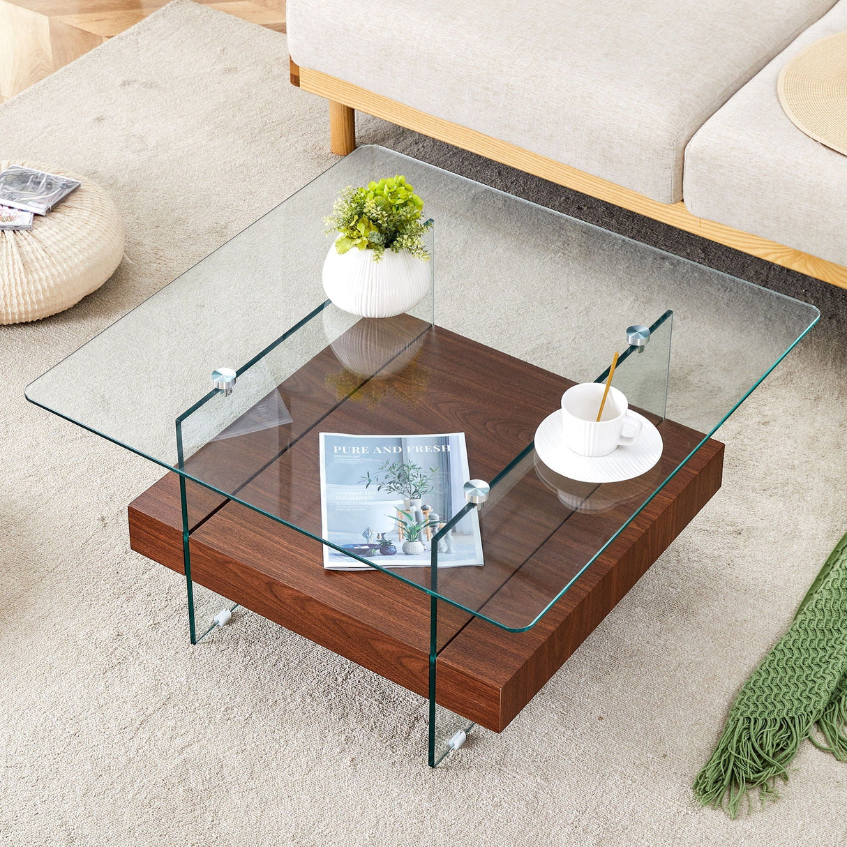 Modern 2 Tier Square Coffee Table, Elegant Marble Pattern