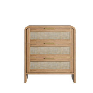 Rattan Nightstand with 3 Drawers set of 2, 22.8' Wide Curved Wooden Bedside Table, Modern Storage for Bedroom, Caramel Oak.