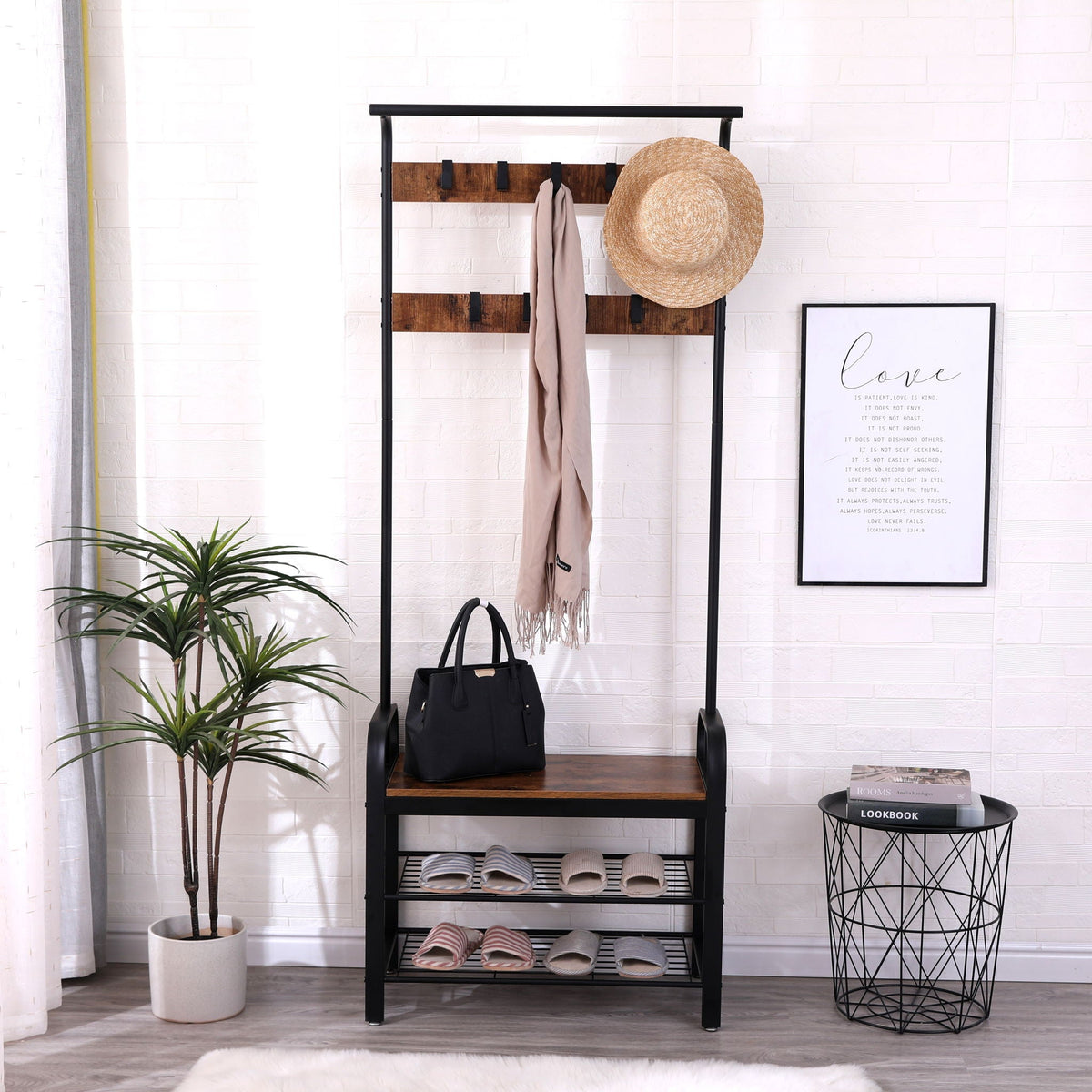 Hall Tree With Shoe Bench For Entryway With 9 Removable Hooks