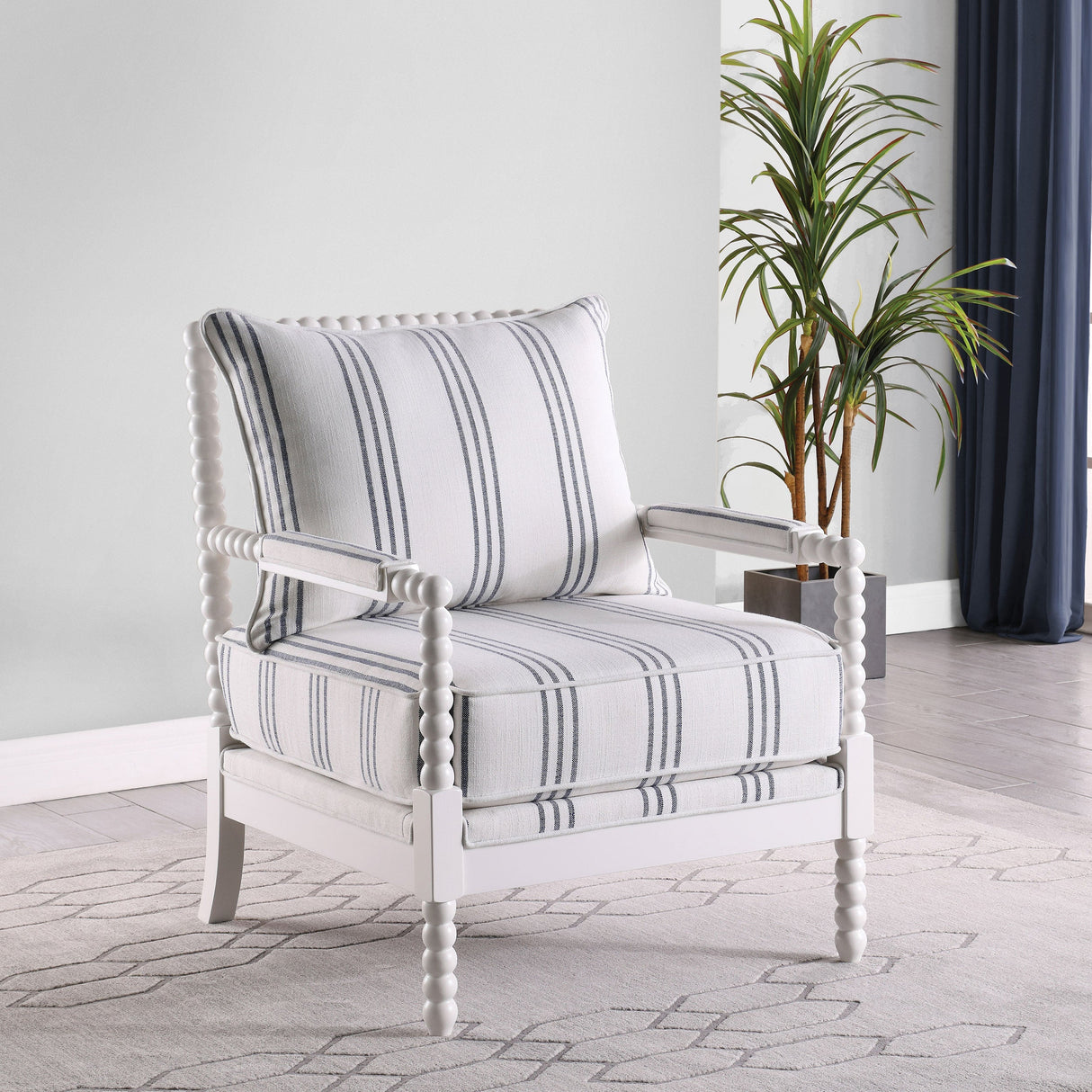 White and Navy Upholstered Stripe Accent Chair with Linen-Like Fabric