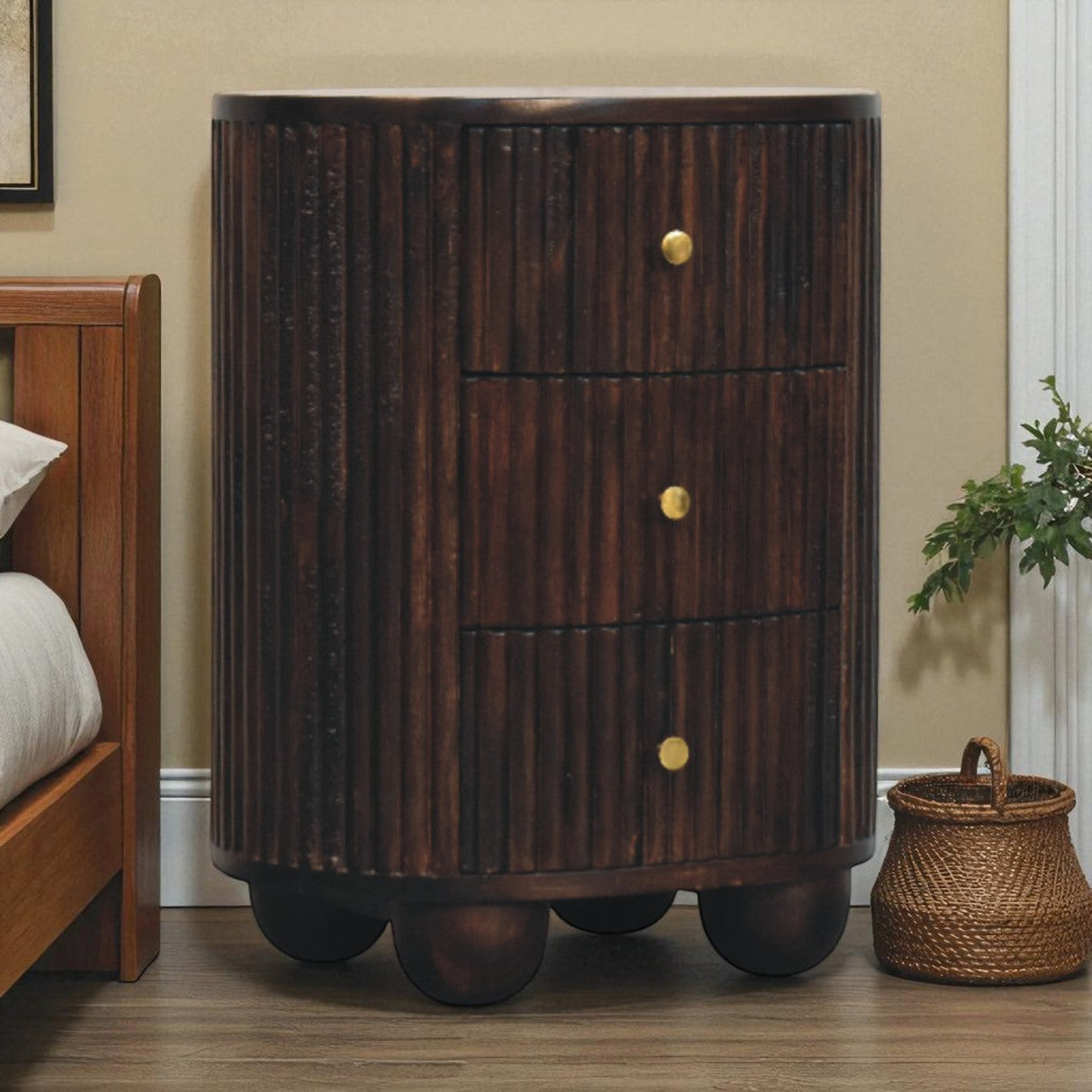 Solid Wood Curved Fluted 3-Drawer Drum Chest
