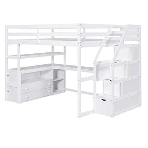 Loft Bed With Desk, Shelves, 2 Drawers, Storage Staircase
