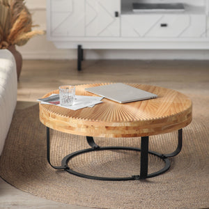 Modern Round Coffee Table with Wooden Carving Pattern and Metal Legs
