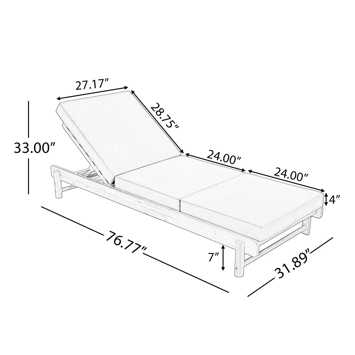 Light Teak Acacia Wood Chaise Lounge Set: 1 Frame + 1 3-Fold