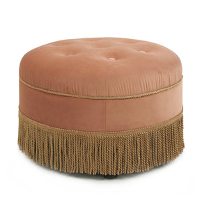 Yolanda 24" Round Upholstered Accent Ottoman, Peach Orange Velvet with Gold Trim