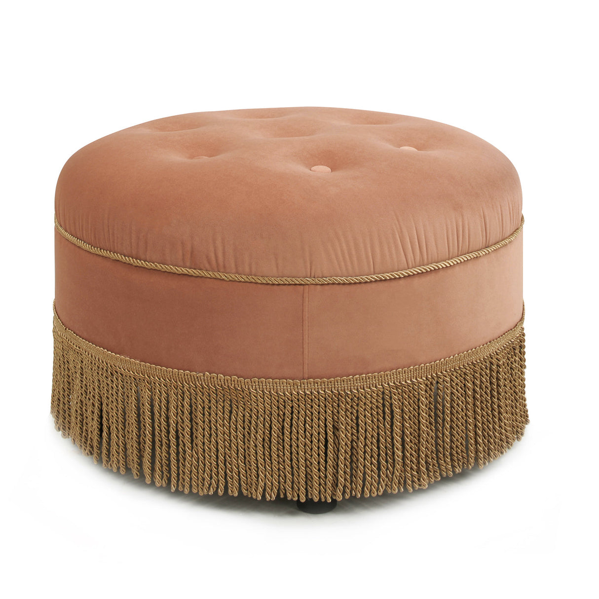Yolanda 24" Round Upholstered Accent Ottoman, Peach Orange Velvet with Gold Trim