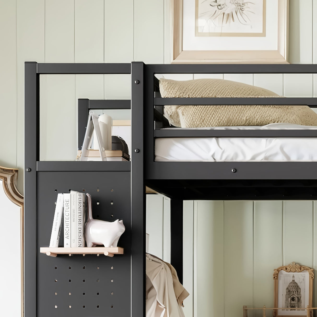Twin XL Size Loft Bed Frame with Wardrobe and Shelves
