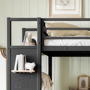 Twin XL Size Loft Bed Frame with Wardrobe and Shelves