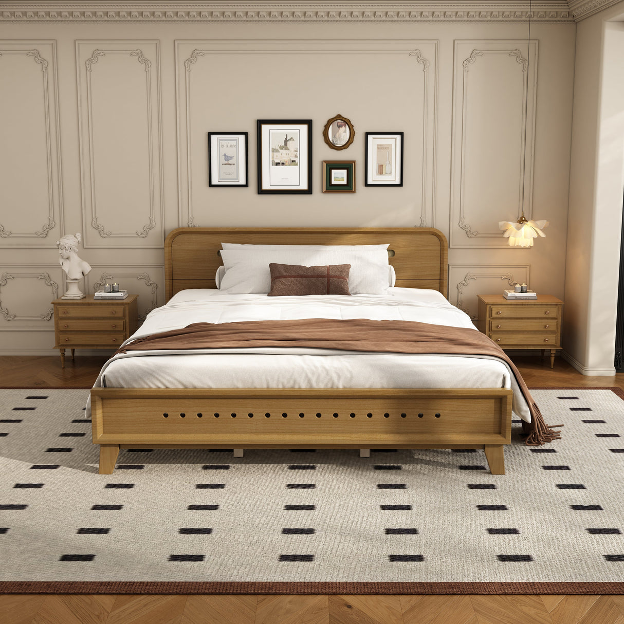 Pine Solid Wood Queen Size Bed, Rustic Yellow